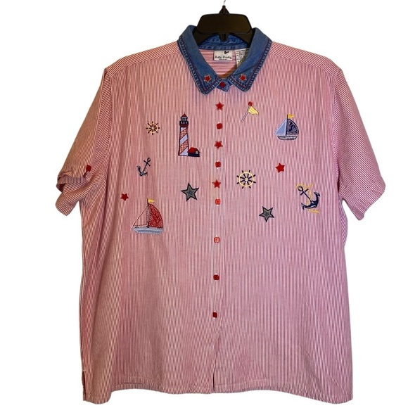 Bobbie Brooks Woman Plus size 26-28W Nautical red white stripe Embroidered Shirt - Picture 1 of 6
